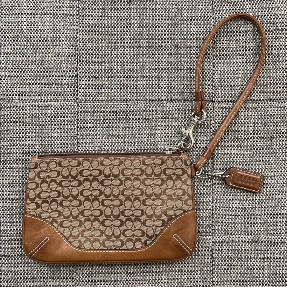 Coach Signature Canvas and Leather Wristlet Tan